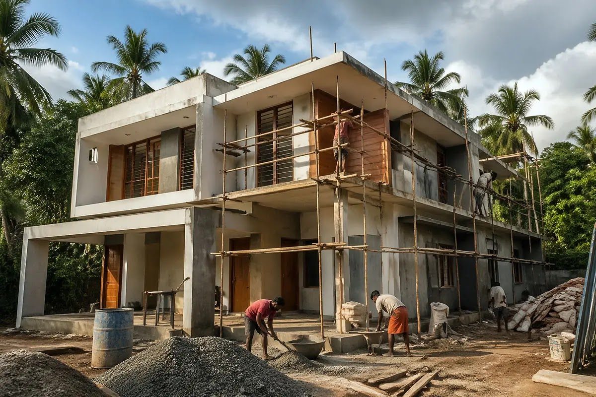 New house construction with scaffolding